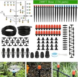 240FT Drip Irrigation System Kit, Automatic Garden Watering Misting System for Greenhouse, Yard, Lawn, Plant with 1/2 inch Hose 1/4 inch Distribution 