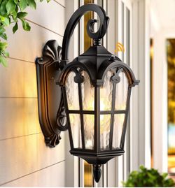 VIANIS Outdoor Wall Light, 16.9" Black Dusk to Dawn Outdoor Lighting with Gold Trim