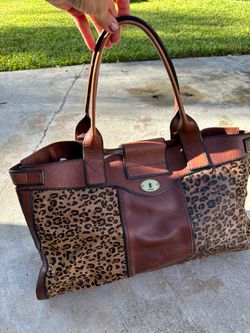 Fossil Genuine Leather Leopard Haircalf Handbag – $45