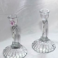 Vintage One Pair of Cambridge Caprice Crystal Sea Shell candelabra candle stick holders