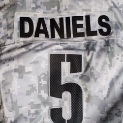 XL BRAND NEW STILL HAS TAGS ON JAYDEN DANIELS MILITARY WHITE,GRAY AND BLACK JERSEY 