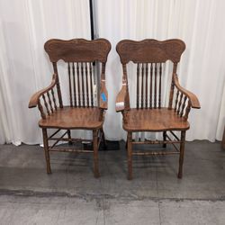 Pair of Traditional Brown Wood Armchair with Carved Back