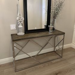 Teakwood And Stainless Steel Console Table 