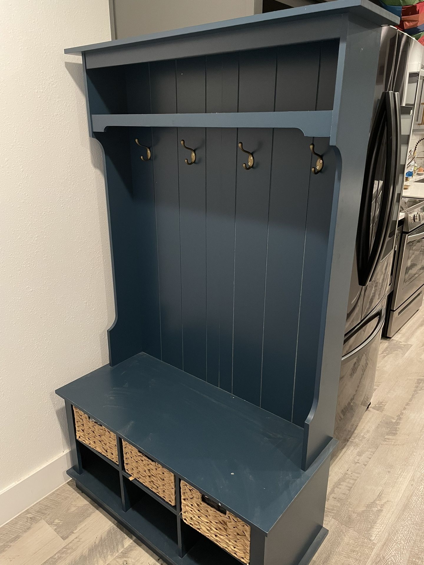 Blue Coat Rack with Bench And Storage Cubbies