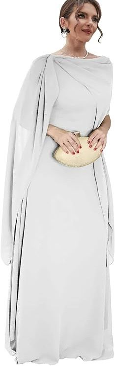 White Chiffon Dress With Cape Scoop Neck