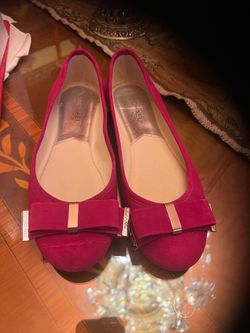 Michael Kors Kiera Suede Ballet Flats Deep Pink Size 7.5 M Bow Silver Logo