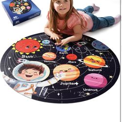 New Solar System Floor Puzzle for Kids Ages 3-10, Large 57 Piece Round Jigsaw Puzzle, Educational Space Planet Toys for Toddlers, Boys and Girls, Dura