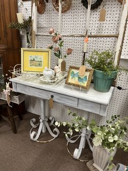 Vintage White Wood & Wrought Iron Entry Table