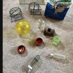 Pet Supplies - Gerbil/Hamster Supplies- 2 Wheels, 2 Drink Bottles, 2 Exercise Balls, Log, Plastic House, Bedding, Tank Food Bowls, All For 20.00!