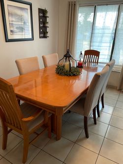 Table and china cabinet.