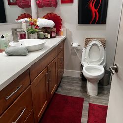 Deep Red Glass & Metal Accessories. Buy My Whole Guest Bathroom! Read Ad For A Deal Or Individual Pricing 