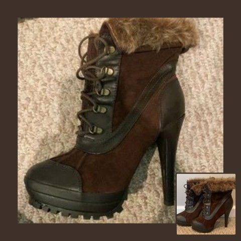 ANNE MICHELLE WILDCAT-03 BROWN FAUX FUR 5" STILETTO COMBAT BOOT BOOTIE HEELS WOMEN'S 7.5 SHOE