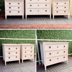 Anthropologie set Washed Wood Three-Drawer Dresser & two nightstands