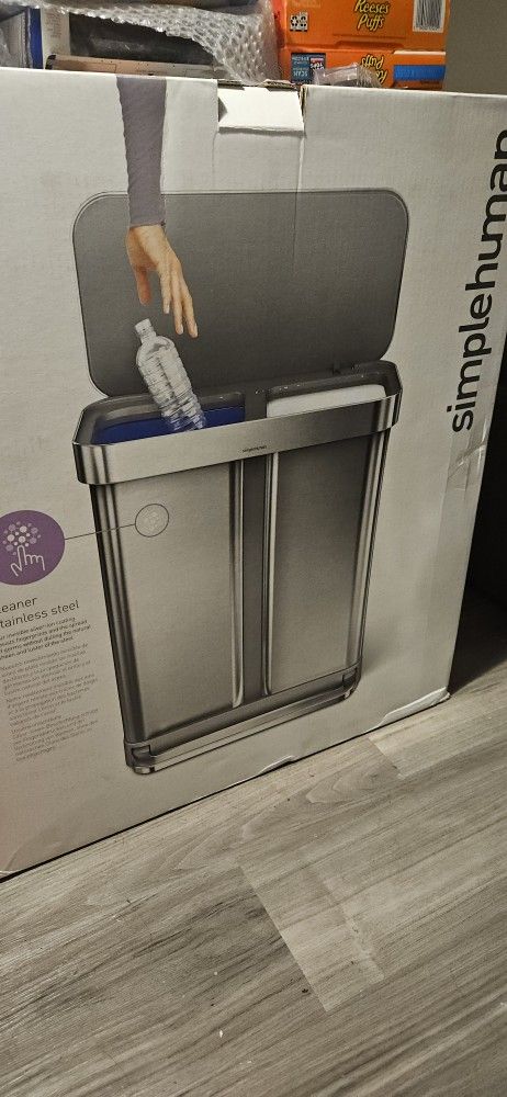 simplehuman 58 Liter / 15.3 Gallon Rectangular Dual Compartment Recycling Step, Brushed Stainless Steel with Soft-Close Plastic Lid Kitchen Trash Can