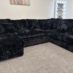 Black Corduroy Sectional W/ Pullout Sleeper & Storage Chaise - EZ $10 Down Payment Options Available 