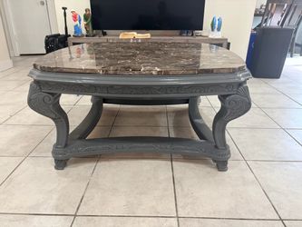 Marble Top Coffee Table with Carved Wood Base