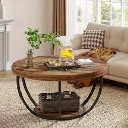 31.5 in. Rustic Brown Round Wood Coffee Table Accent Center Table with Storage Shelf for Living Room