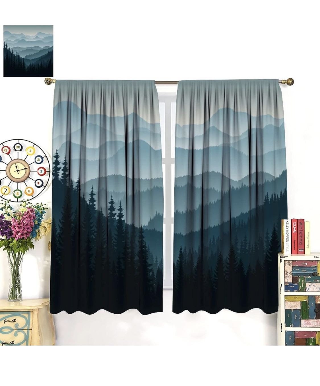 Mountain Blackout Curtains Misty Forest Nature Woodland Scenery Landscape Art Print for Living Room Bedroom Kitchen Decor Rod Pocket Window Drapes 2 P