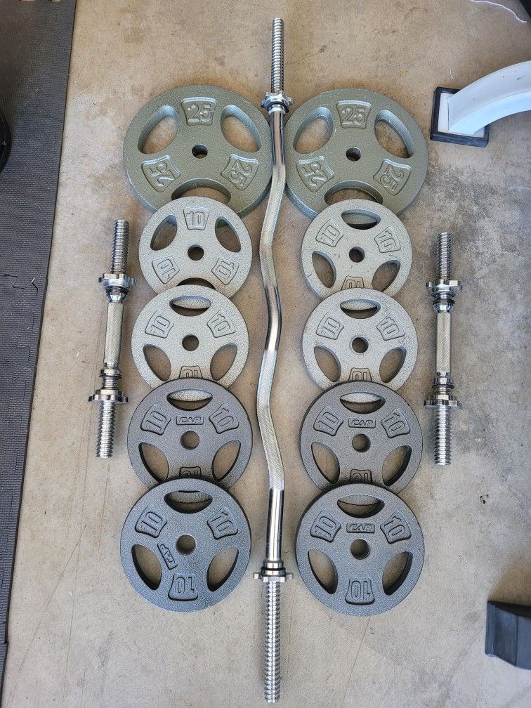 New 1" Standard Weight Plates (2x25Lbs, 8x10Lbs) and EZ Curl Bar for $140 Firm (WALNUT 91789)