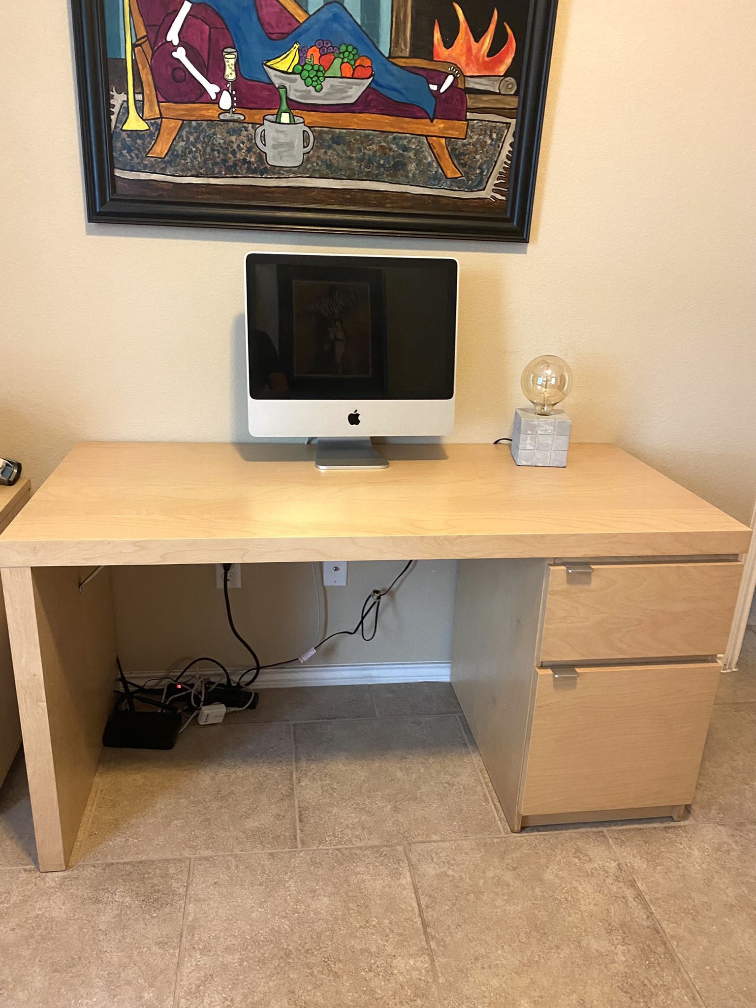 Ikea Natural Wood Malm office computer Craft Hobby Desk & Chair Combo In Nice condition With Drawer And Cabinet That Opens