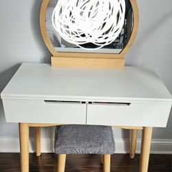 Vanity Set with Stool and Round Mirror