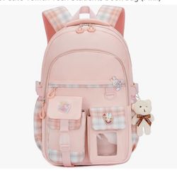 Girls Backpack with Cute Pin Accessories Plush Pendant Kawaii Backpack Cute Aesthetic Backpack for Teens Girls Women Students (Pink)