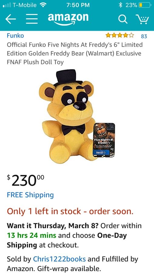 Funko FNaF Five Nights at Freddy's 2016 Golden Freddy Plush Walmart  Exclusive