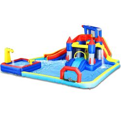 10 in1 Inflatable slide water park bouncing house garden with splash pool & water gun & basketball & climbing wall & dual pools & soccer