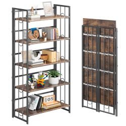 4NM No Assembly 5 Tiers Folding Bookshelf, 59.4" H Foldable Storage Shelves Vintage Bookcase Standing Racks Study Organizer Home Office - Rustic Brown