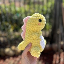 Yellow Dinosaur 🦖 With Pink Spikes Handmade 🧶 Crochet 🧶 Plushies 