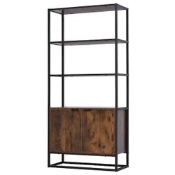 Modern 64 in. Brown Metal 3-Shelf Bookcase with Cabinets