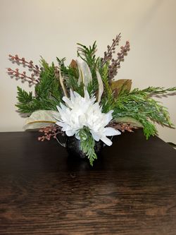Holiday Christmas Floral Arrangement Fresh Evergreens Silk Vintage Pewter Pot