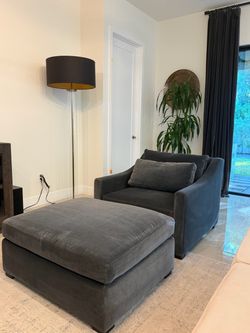 Restoration Hardware Gray Velvet Accent Chair with Ottoman