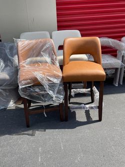 Tan Leather Bar Stool with Wood Legs