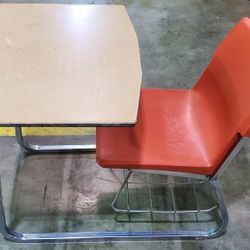Vintage Child's School Desk Orange Plastic Chair, Wood Top, Chrome Frame 1980's