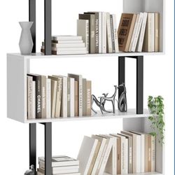  Modern 5 Tier S Shaped Geometric Bookcase, Freestanding Wood White