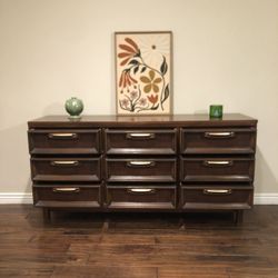 Mid Century Modern Walnut Nine Drawer Lowboy Dresser By Bassett