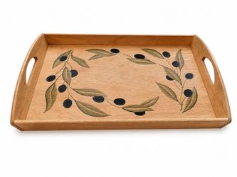 Vintage Hand-Painted Wooden Serving Tray with Olive Branch Design