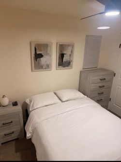 Full size bed, night stand and chest dresser