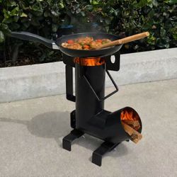 New In Box Portable Outdoor Camping Picnic Fishing Steel Rocket Wood Burning Stove With Pan And Cooking Utensils 