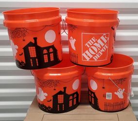 Lot of 4 Home Depot Halloween 2026 Orange Plastic Bucket Jack O Lantern Haunted