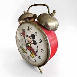 Vintage Mickey Mouse Alarm Clock Disney Windup Two Bells Bradley Red  - Collectible 1970s