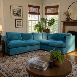 Teal Velvet Sectional Sofa with Nailhead Trim