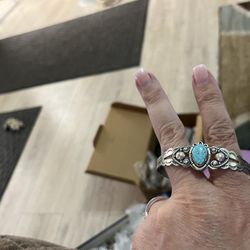 Cuff Bracelet  Native American  Sterling Silver Floral Blue Turquoise 