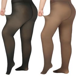 Delcast Plus Size Fleece Lined Tights Women - Fake Translucent Sheer Warm Thermal Pantyhose Leggings for Winter