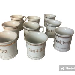 9 Vintage 1950’s Japanese porcelain Tom and Jerry punch mugs, gold trim & lettering. 