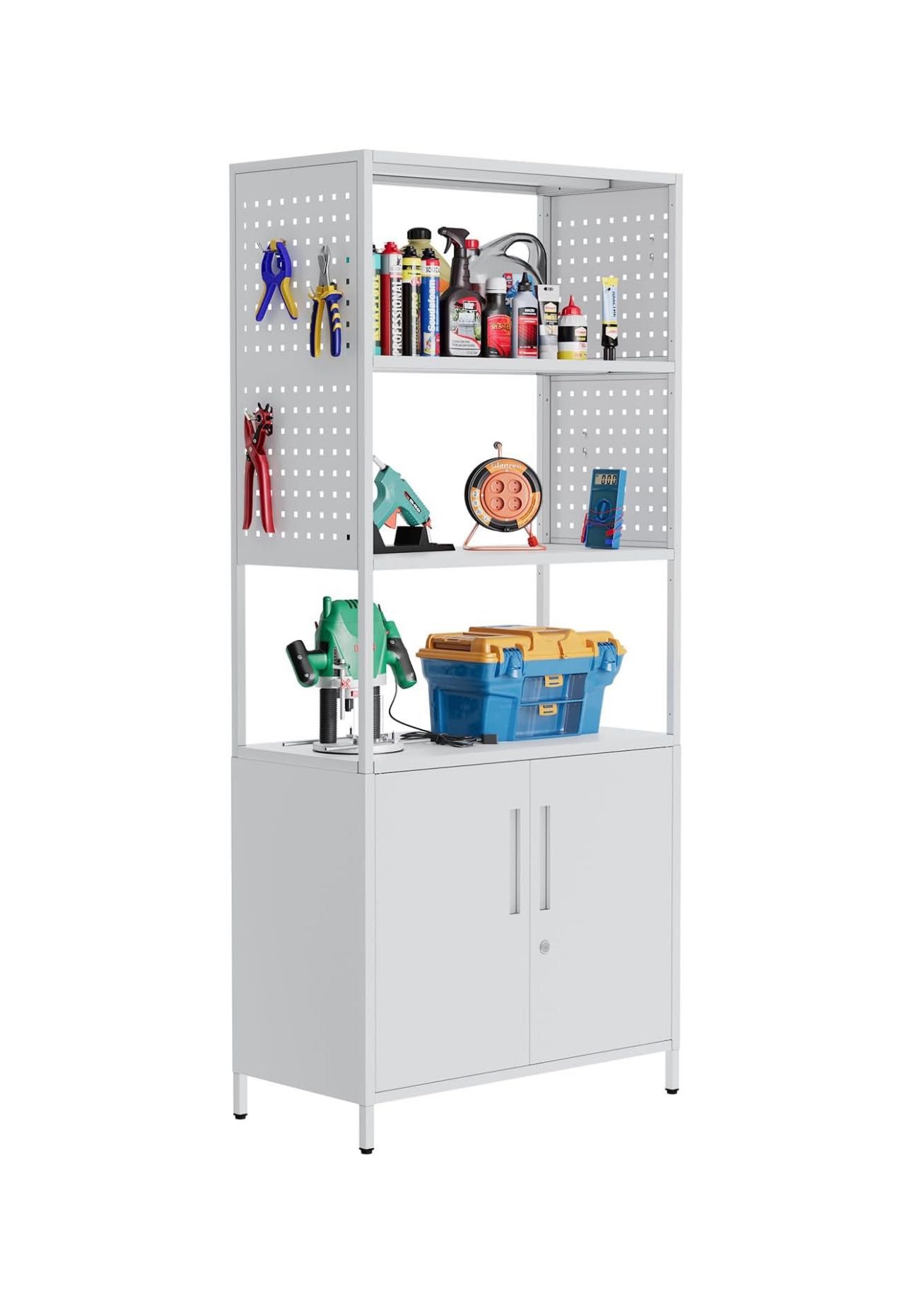✌️ Metal Storage Shelves with Pegboard,Office Organization and Storage Cabinet with Adjustable Shelves, 5 Tier Storage Stand Rack