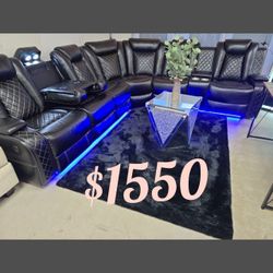 High quality Elegant & luxury  Black Breathing Leather Living Room Recliner Sofa Set  W/ USB charging,ambient LED light