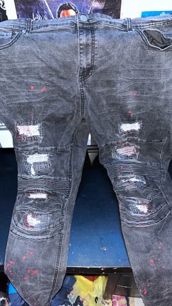 Distressed Gray Moto Jeans with Red Paint Splatter