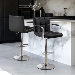 Bar Stools Set of 2, PU Leather Height Adjustable Swivel Barstools, Hydraulic Kitchen Counter Height Bar Chairs with Armrest and Back for Kitchen, Din